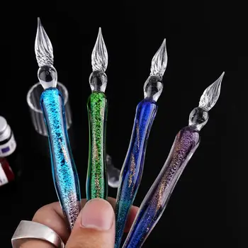 

OOTDTY 7pcs/set Starry Sky Glass Fountain Dip Pen Holder Signature Ink Writing Office