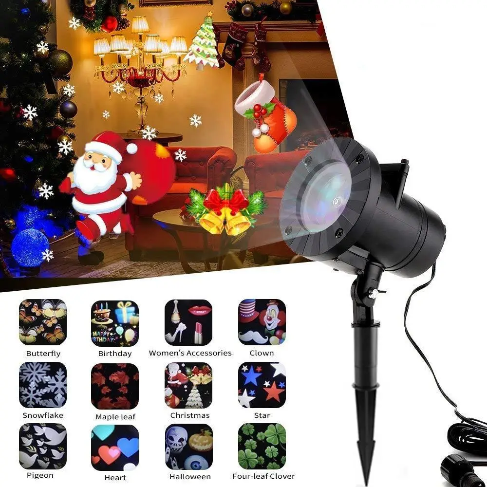 Рождественский светильник s Водонепроницаемый светодиодный лазерный проектор Снежинка 12 пленочных карт диско-светильник DJ Новогодний
