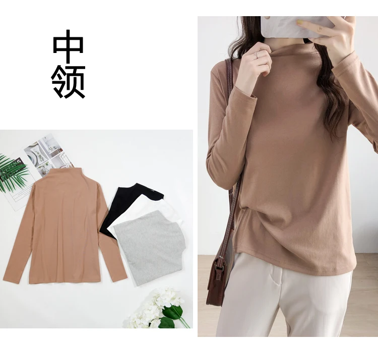 Knit Cotton Middle Collar khaki Long Sleeve Large Size Bottoming Shirt Plus Size Pregnancy Women Clothing Top