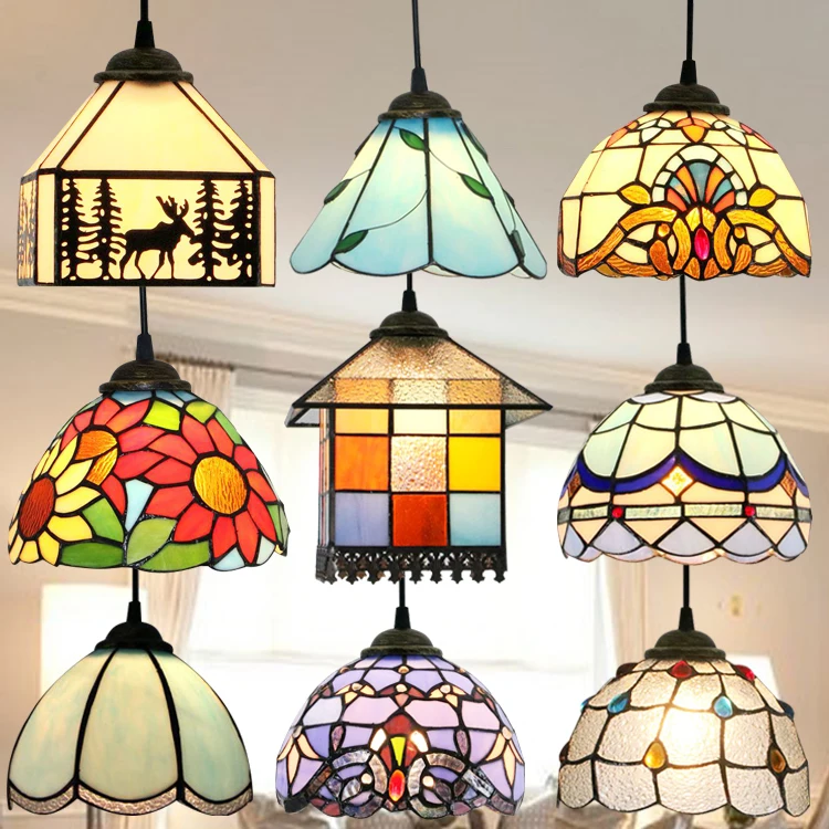 

Modern Tiffany Baroque Stained Glass Suspended Luminaire E27 Led Iron Chain Pendant Light Lamp For Home Parlor Dining Room