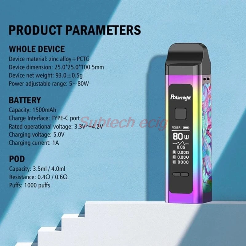 Polarnight 80 Вт Pod Комплект 5-80 Вт 1500 мАч батарея с 2 сменными Pod картриджем 4,0 м/3,5 мл емкость Vape Pod Комплект