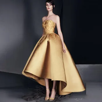 

Elegant Gold Applique Prom cocktail Dress Strapless High-Low Ruffle Evening Gown New Design High Quality Homecoming Dresses