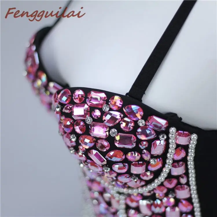 FENGGUILAI, новинка, фиолетовый, стразы, бисер, бюстье, жемчуг, бриллиант, пуш-ап, для ночного клуба, без косточек, женский бюстгальтер, укороченный топ, жилет размера плюс
