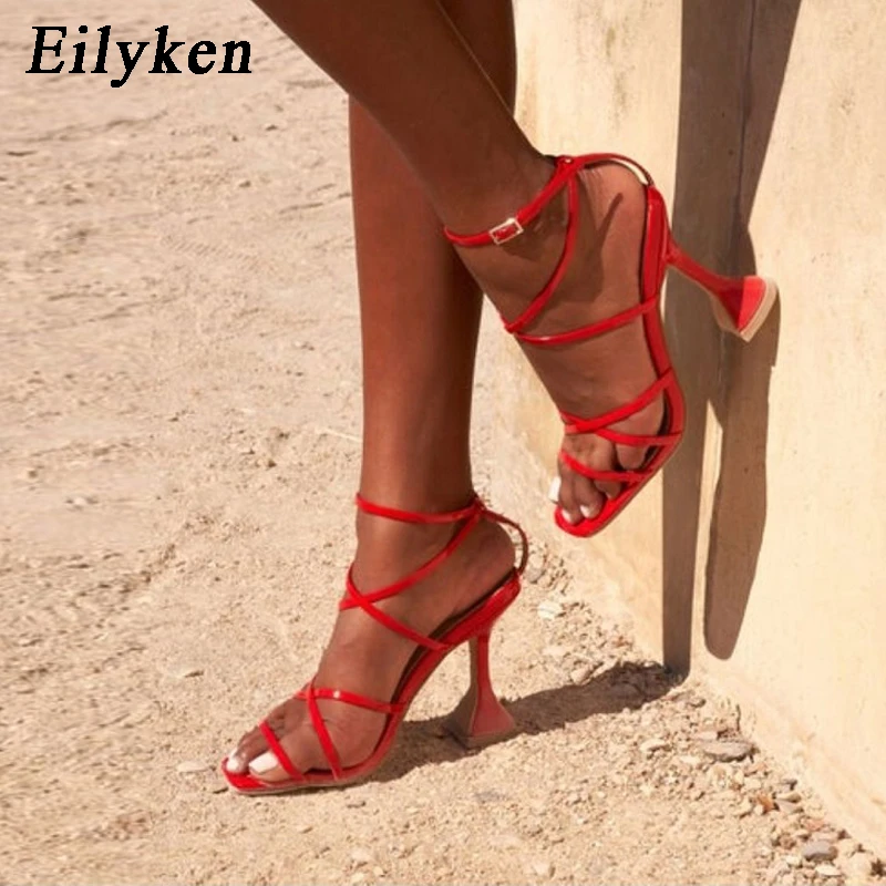 Eilyken/Большие размеры 35-42; красные женские босоножки на шпильке; сандалии-гладиаторы на высоком каблуке с открытым носком и узким ремешком; Летняя женская обувь