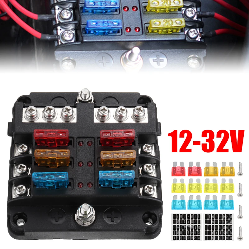 

Car Fuse Box 6 Ways Fuse Holder 12V Fuse Box Plastic Cover With LED Indicator Light Fuse for Car Boat Marine