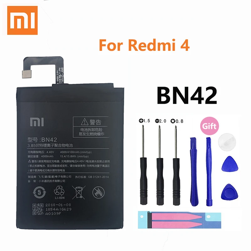 

Xiao Mi Original Phone Battery BN42 For Xiaomi Redmi Hongmi 4 Redmi4 Replacement Batteries Real Capacity 4000mAh + Free Tools