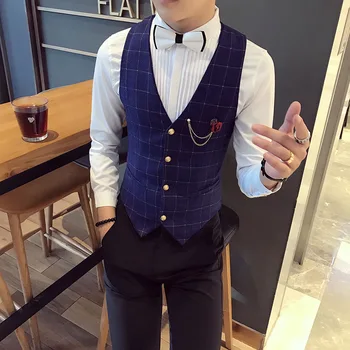 

Chaleco Hombre Vests New Fashion Flowers Plaid Vest Men Formal Wedding Suit Slim Fit Waistcoat Gilet Quality Thin Dress Vest