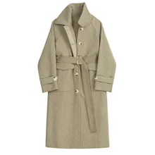 Зимнее Свободное длинное шерстяное Женское пальто с поясом
