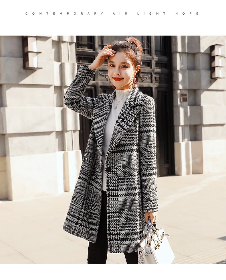 Short-height Woolen Jacket Women's Mid-length New Style Korean-style Slim Fit Plaid Autumn And Winter Woolen Overcoat Women