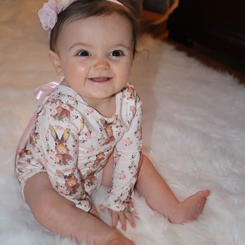 

Cute Pretty Autumn Infant Baby Girls Boys Jumpsuits Flowers Animal Print Long Sleeve Back Bow Belt Cotton Bodysuits