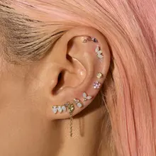 Круглый Белый огненный опал розовый cz драгоценный камень Минимальный тонкий изящный девушка шпилька мульти пирсинг маленькие серьги-гвоздики