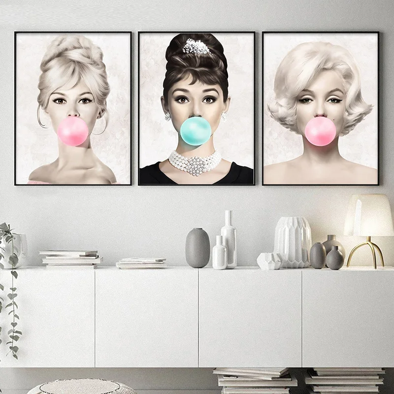 

Famous Star Posters Audrey Hepburn Marilyn Monroe Bubble Gum Wall Art Poster Canvas Print Wall Pictures for Girl Room Decor