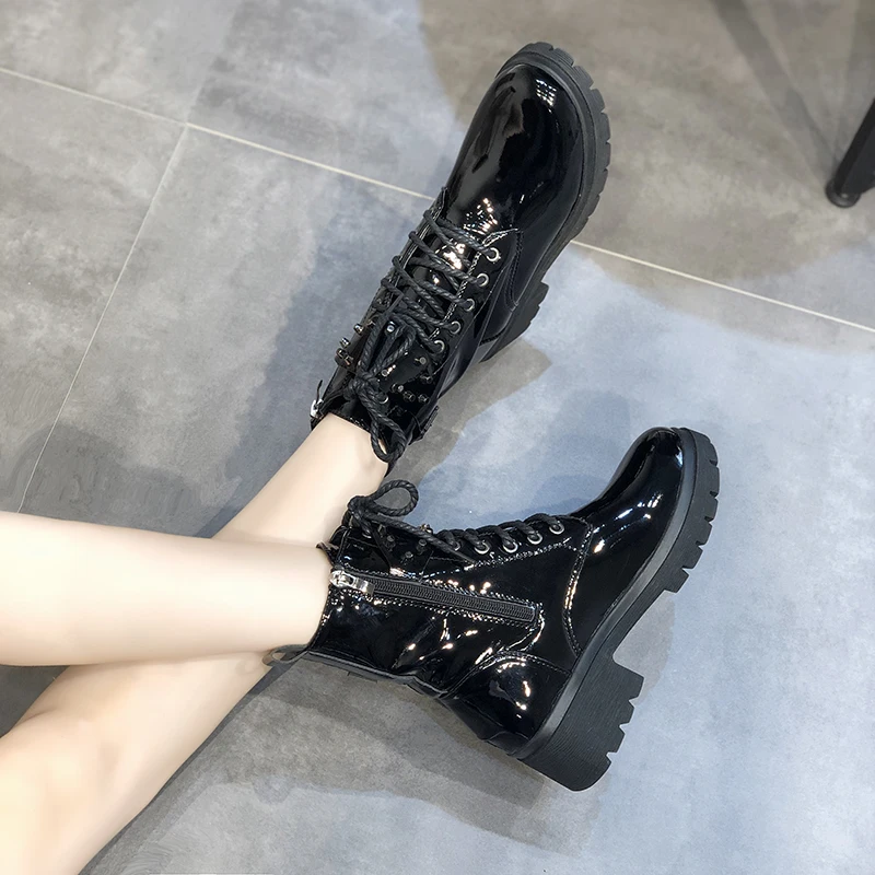 White Western Boots Cowboy Boots Women New Lace Up Leather Boots Black Ankle Boots Women Fashion Punk Combat Boots Platform