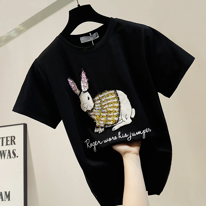 

Tshirt for Women Industrial Sequin Handmade Bead Bunny Pattern Crew Neck Loose T-shirt Short Sleeve Cotton T Shirts Female Tee