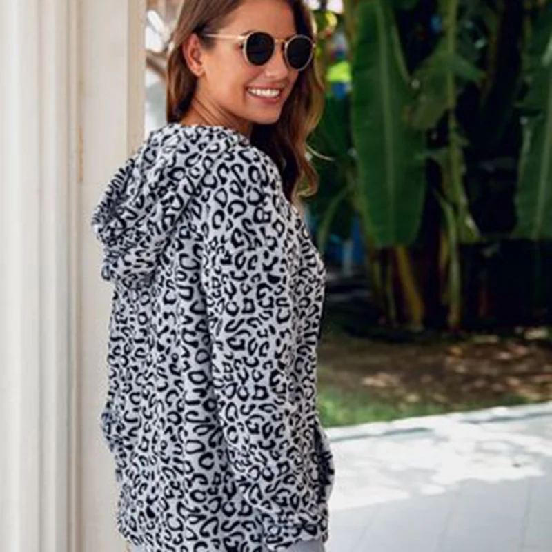 Леопардовая толстовка с капюшоном, женские толстовки с капюшоном с длинным рукавом, осенне-зимний теплый пуловер, Женская Повседневная Толстовка с длинным рукавом