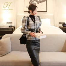 H Han queen/комплект из 2 предметов, женские осенние замшевые костюмы с принтом в клетку, модное узкое облегающее платье, юбка, офисный комплект