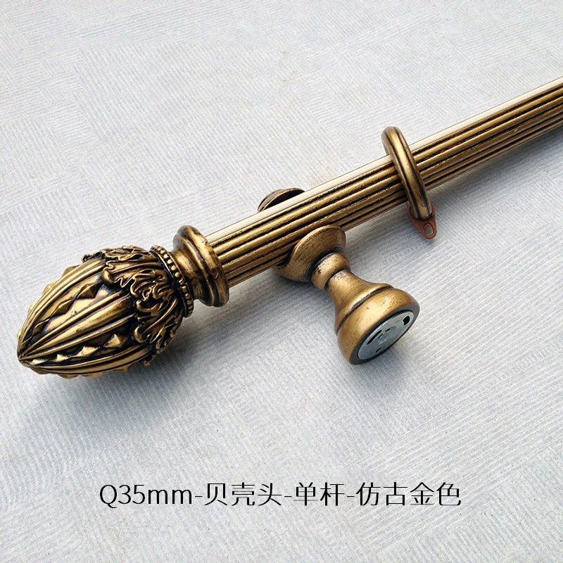 Golden Double rod Mediterranean style golden curtain track mute solid wood Roman rod single and double old color shell head - Цвет: Golden Double rod