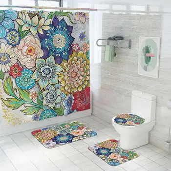 

Polyester Printed Shower Curtain Printing Flower Carpet Floor Mat Foot Pad Bathroom Household Toilet Mat PVC Home Decor