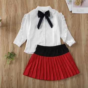 

CANIS Spring Autumn 2pcs Kids Baby Girl Dress Long Sleeve Ruffles Button Bowknot Tops+Pleated Skirt Dress Clothes