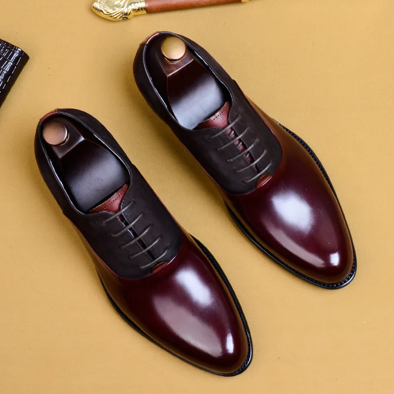 

Wine Red Black 2019 Fashion Man Formal Shoes High Quality Genuine Leather Personality Men Business Dress Oxford Wedding Shoes