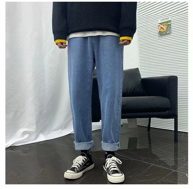 Retro Jeans Leg-Pants Kpop Clothes Elastic-Waist Hip-Hop Loose Boys Straight Men Casual