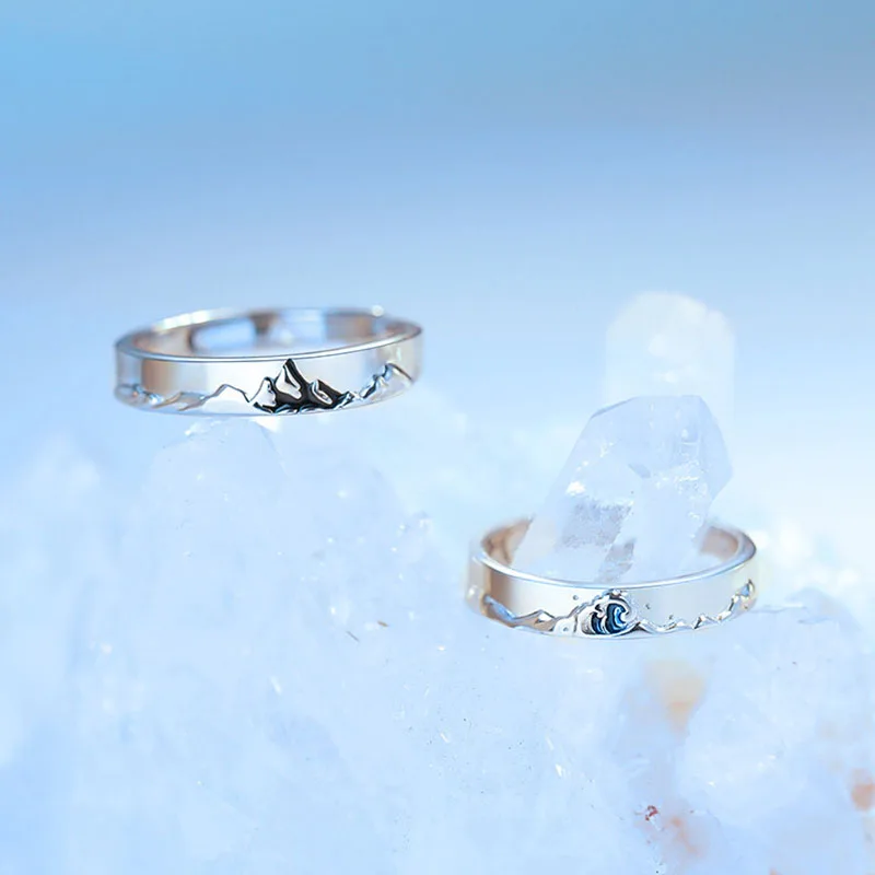 Coppia Di Moda Colore Argento Personalità Epossidica Montagna E Mare Anelli Regolabili Amore Regalo Di Anniversario