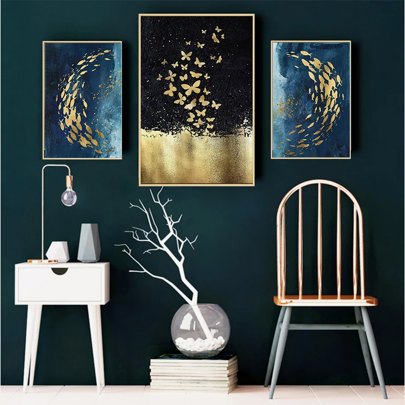 Golden Fish Butterfly Wall Art Canvas Painting Abstract Posters and Prints Pictures for Living Room Decoration Home Decor | Дом и сад