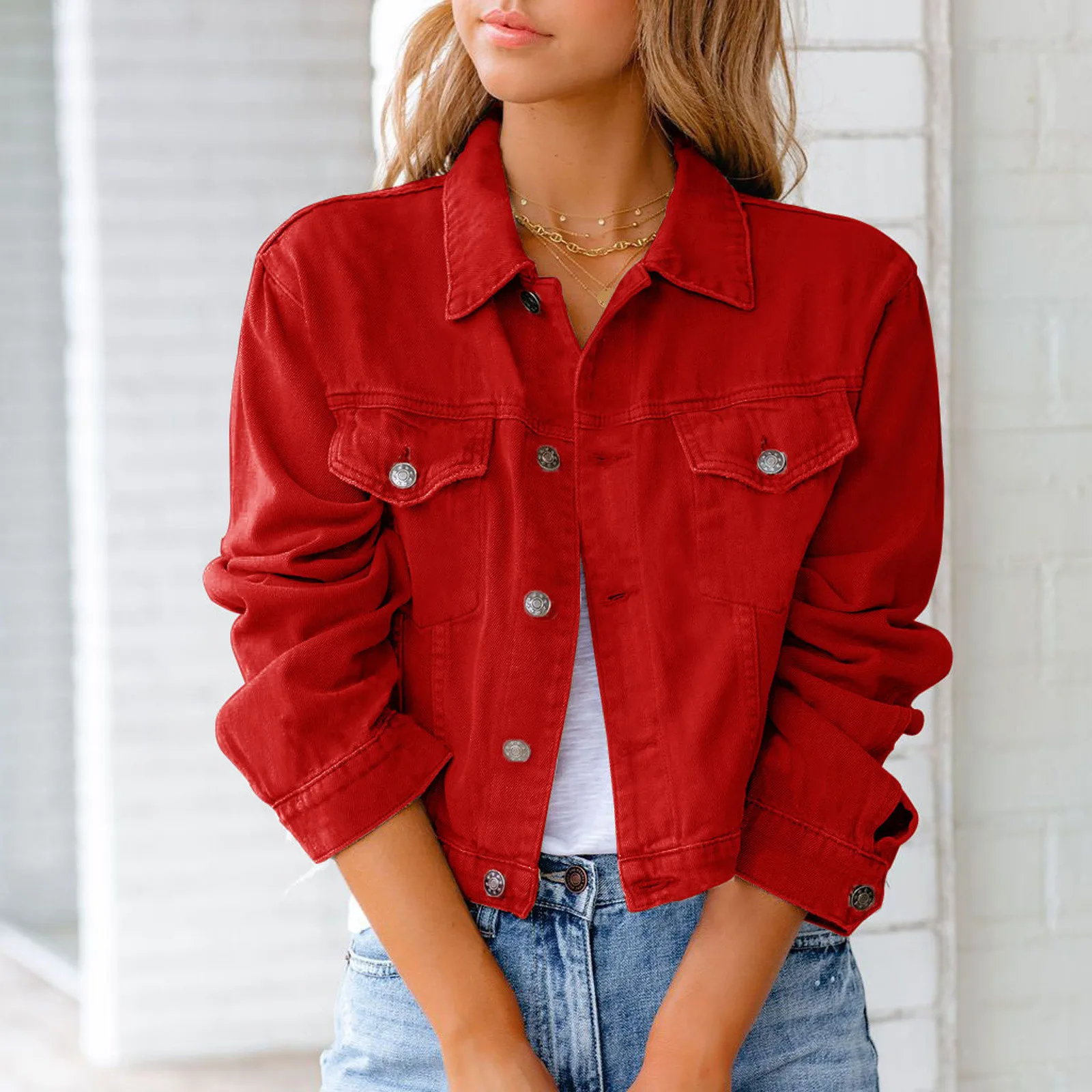 Newest Style Spring Lady Casual Fashion Puff Sleeve Flap Pocket Button Up Denim  Jacket