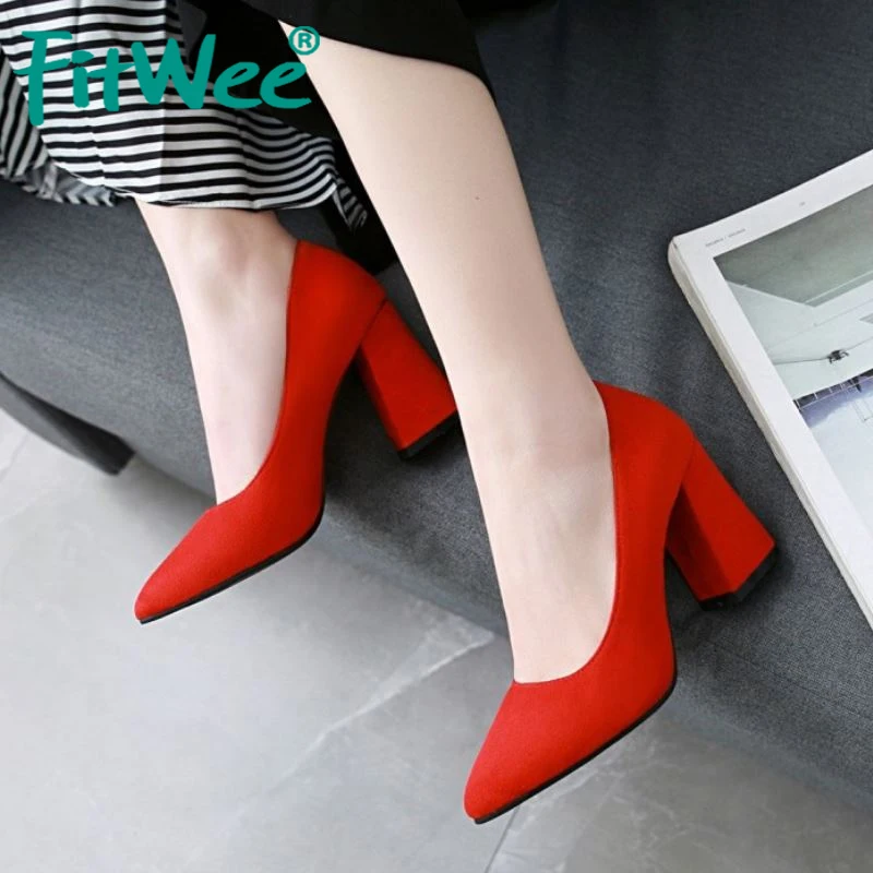 

FITWEE 2020 Women Suede Leather Pumps Pointed Toe Square Heel Party Sexy High Heel Shoes Woman Wedding Pumps Size 32-43
