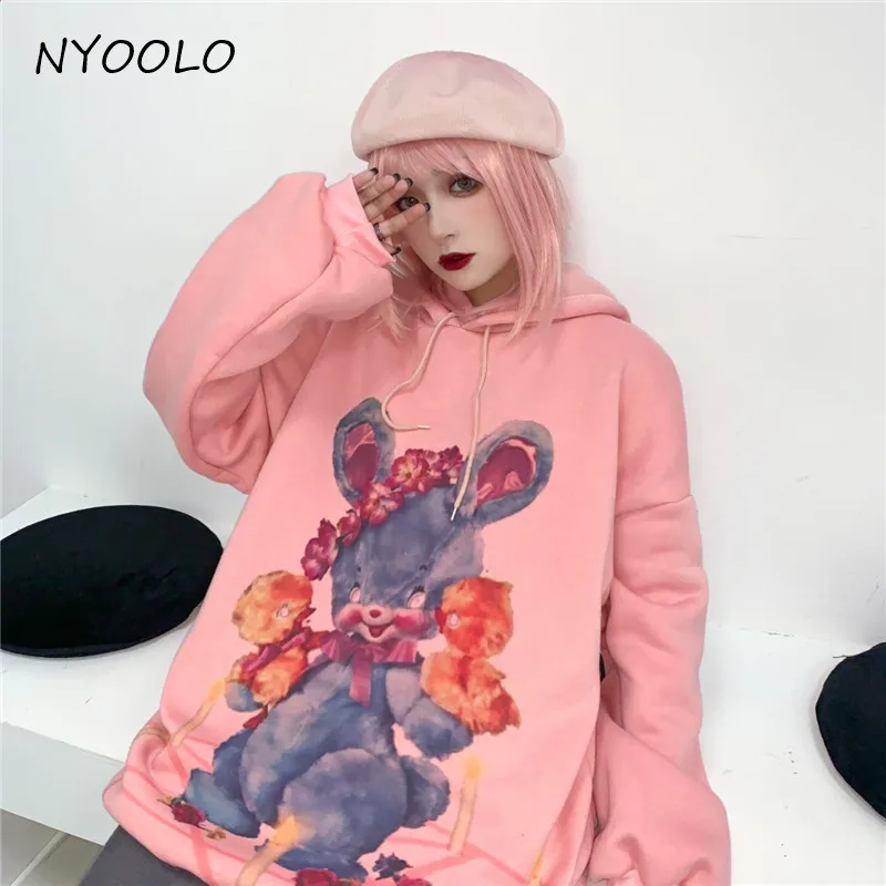 NYOOLO Harajuku стиль мультфильм милый кролик печати свободные плюс бархат теплые толстовки осень зима пуловер с капюшоном Толстовка для женщин