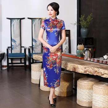 

Long Royal Blue Cheongsam Dress For Women Classic Novelty Casual Dresses Qiapo Sexy Novelty Vestidos Big Size 3XL 4XL 5XL 6XL