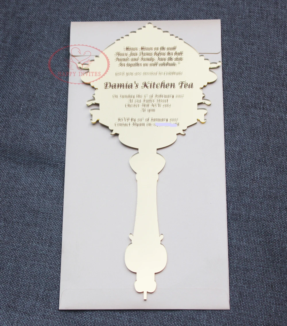 HI4053-10 Customized Golden Mirror Acrylic Wedding Invitation Card with Envelope