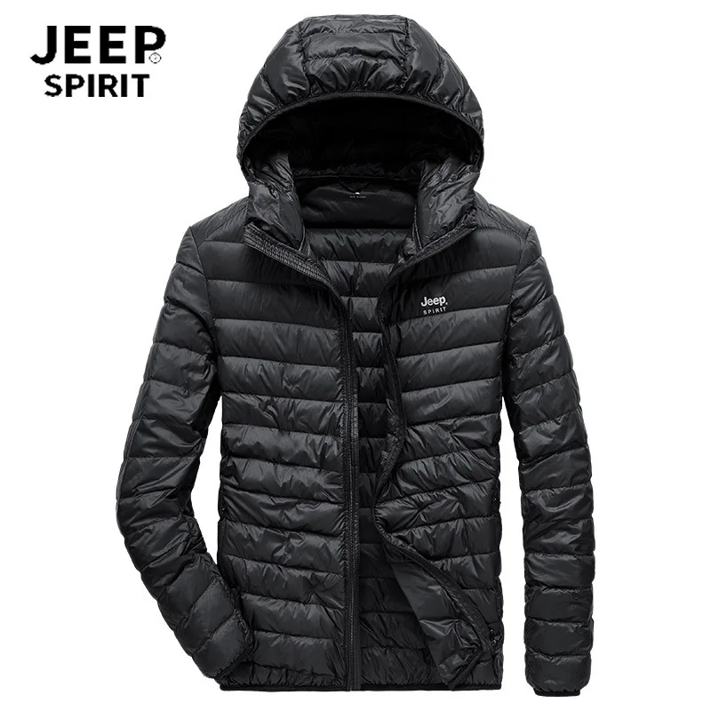 Бренд JEEP SPIRIT, куртка на белом утином пуху, мужская повседневная однотонная куртка с капюшоном и воротником, осенне-зимняя ветровка, теплый пуховик для мужчин - Цвет: Черный
