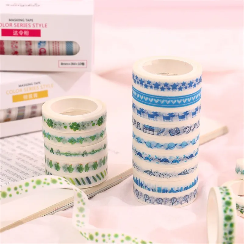 10pcs/lot Decoration Leaves Foil Grid Floral Cute Paper Masking Washi Tape Set Kawaii Stationery Scrapbooking Supplies