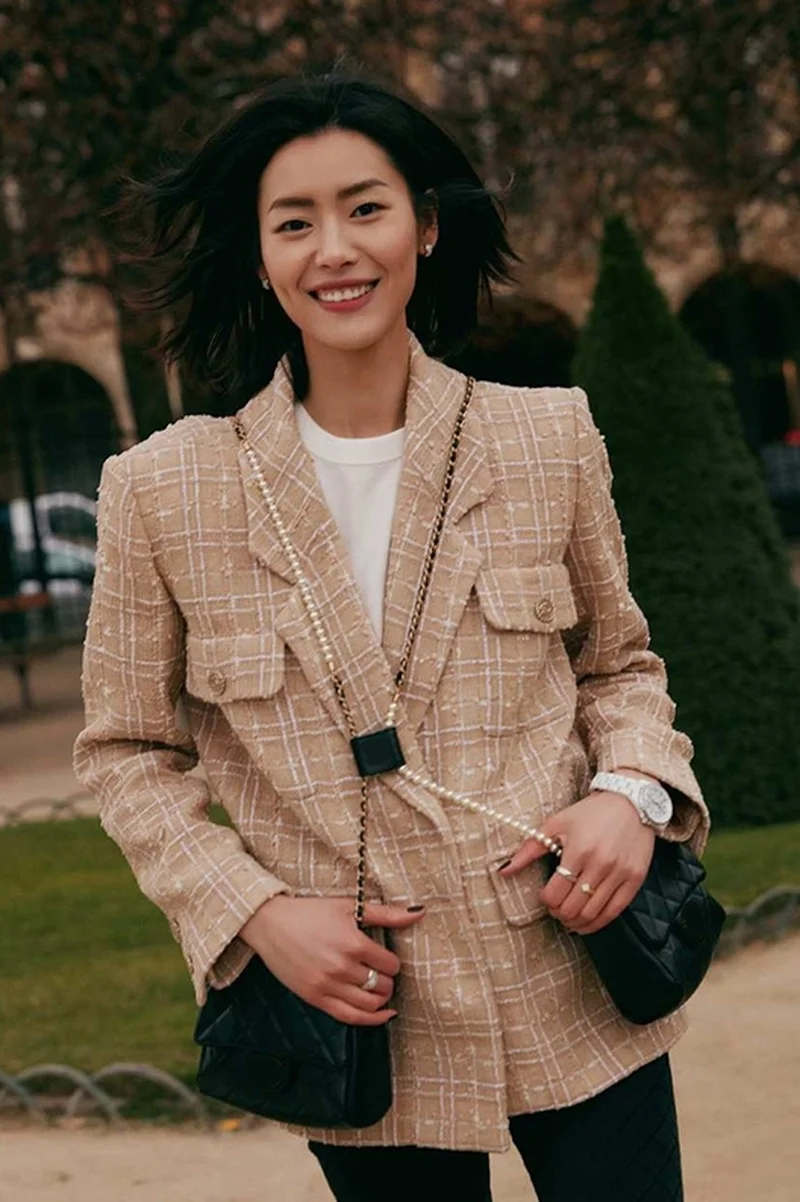 Women Blazers and Jackets Woman Jacket Beige Tweed Spring and Autumn New Joker Suit Plaid Jacket Woman