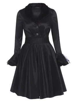 

Rosetic Halloween A Line Long Sleeves Women Dress Lace Patchwork Black Party Dresses Vintage Elegant Button Winter Swing Dress