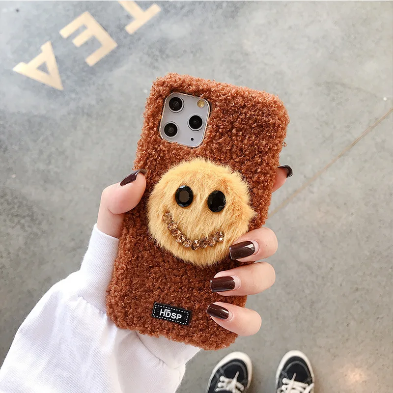 Роскошный браслет плюшевый чехол для телефона для Iphone 11 Pro MAX X XR XS MAX 7 8 Plus милый смайлик короткий плюшевый силиконовый чехол для задней панели телефона