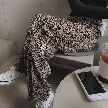 

LANMREM 2020 new summer wide legs high waist leopard printed elastic full length pants female trousers WM13816M