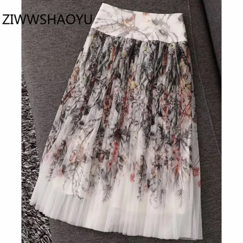

ZIWWSHAOYU Women Summer Vintage Pleated Skirt Fashion Designer Ladies High Waist Mesh Plants Print Midi Skirts