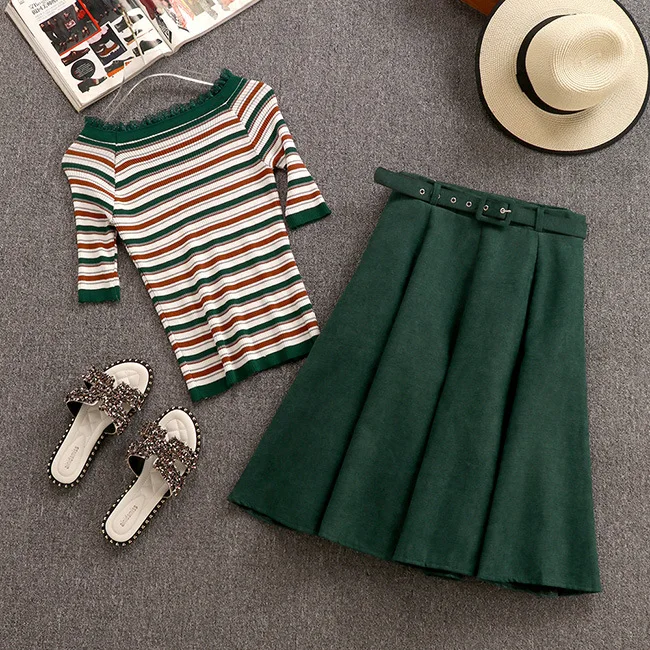 

Oshangchaopin Women Knitted 2-Piece Set Slash Neck Striped Slim Simple Basic Pull Jumper Tops+Fake Deer Velvet Pleated Skirt New