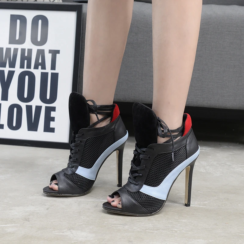 

Stage Banquet Women's Shoes Fishmouth Sandals Super High Heel Walking Show Mesh Matching Shoes Sandalia Feminina Dames Schoenen