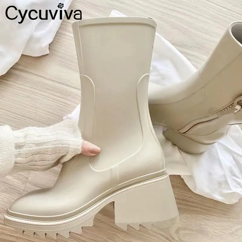 Cycuviva Witte Regenlaarzen Voor Vrouwen Chunky Hak Enkellaarsjes Designer Chelsea Laarzen Teen Dames Rubberen Laarzen Regen - AliExpress