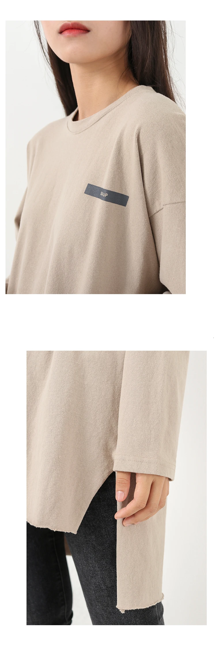 [DEAT] Women Side Spliced Back Print Loose Fit T-shirt New Round Neck Long Sleeve Fashion Tide Spring Autumn 19L-a46