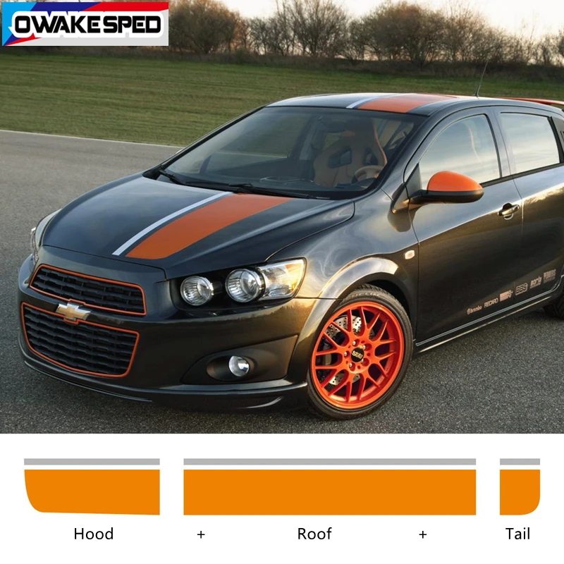 1 set Car Hood Roof Tail Sticker Racing Sport Stripes For-Chevrolet Sonic Whole Body Auto Vinyl Decals Exterior Accessories (2)