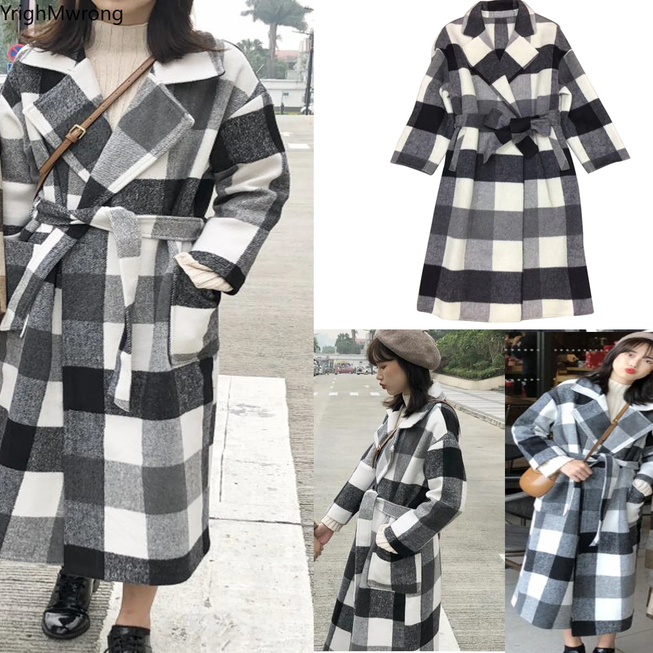 

Single Button Slim Elegant High Waist Belt Sashes Vintage Plaid Ladies Long Wool Coat Women Winter Autumn Windbreaker Cardigans