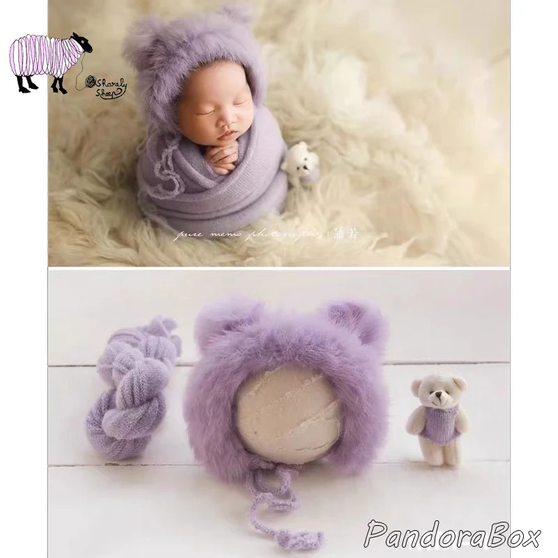 Newborn Baby Cartoon Hat+Stretch Wrap Set Photography Props Baby Boy Girl Photo Shoot Posing Wrap Cap fotografia Accessories