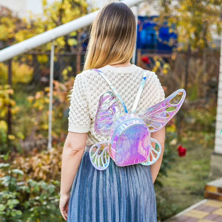 Cute Women's Laser Small Backpack Butterfly Angel Wings Daypack for Girls Travel Casual Daypack School Bag Holographic Leather fashionable travel backpacks