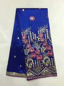 

5 yards blue Nigerian Raw Silk lace high quality Embroidery & sequins African Satin George lace fabric for party dress FB102