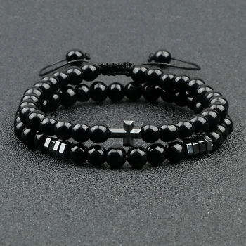 2pcs/set Obsidian Stone Bracelet Men Black Lava Hematite Cross Beads Bangle Women Charm Natural Stone Paryer Jewelry Pulseras