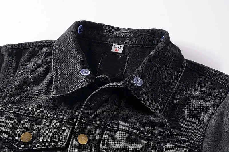 KIOVNO Men's Ripped Denim Jackets Knitted Sleeves Hooded Black Jeans Jackets Outwear For Male High Street  (6)